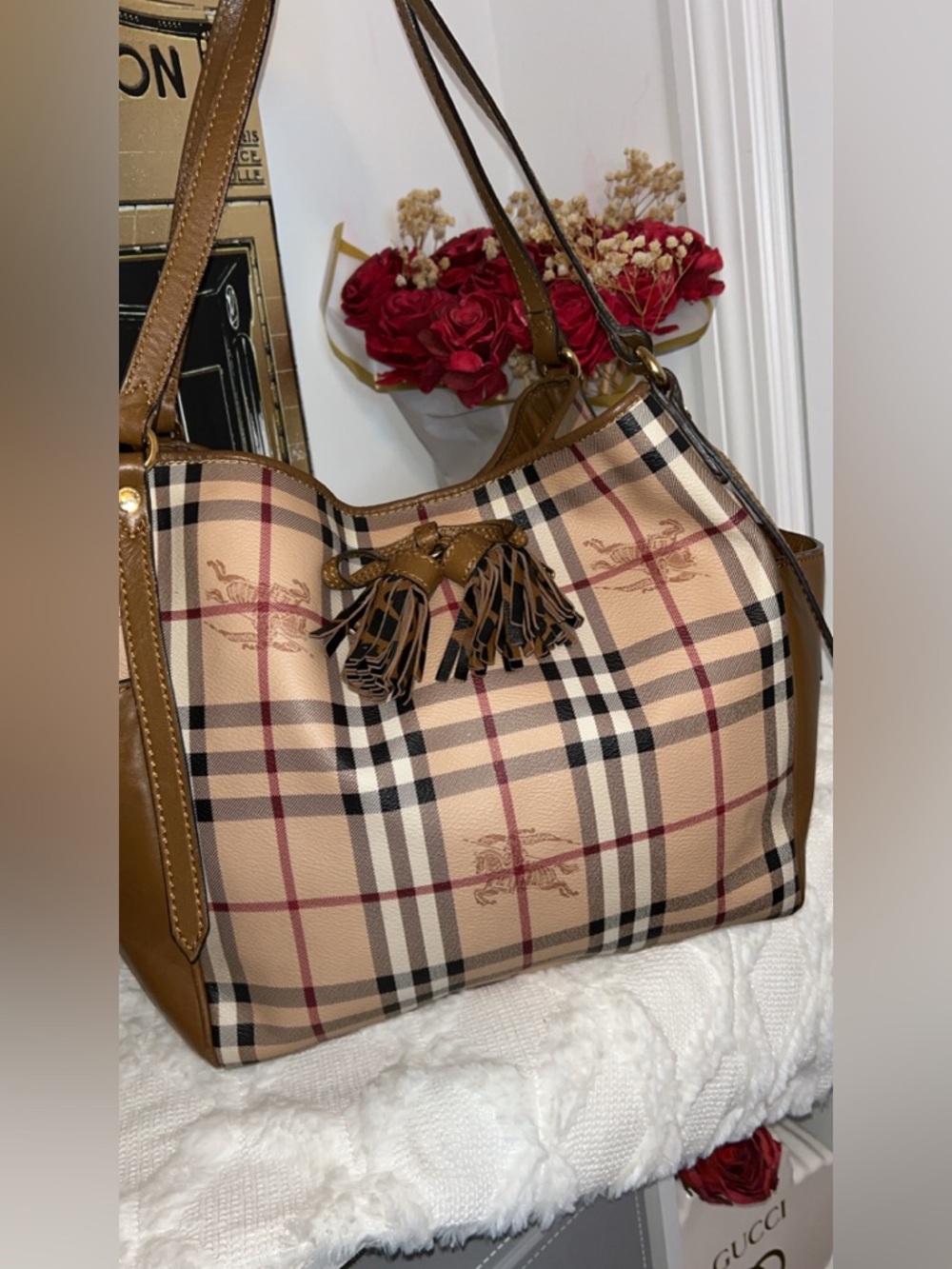 Classic Plaid Tote Shoulder Bag - Tan/Brown